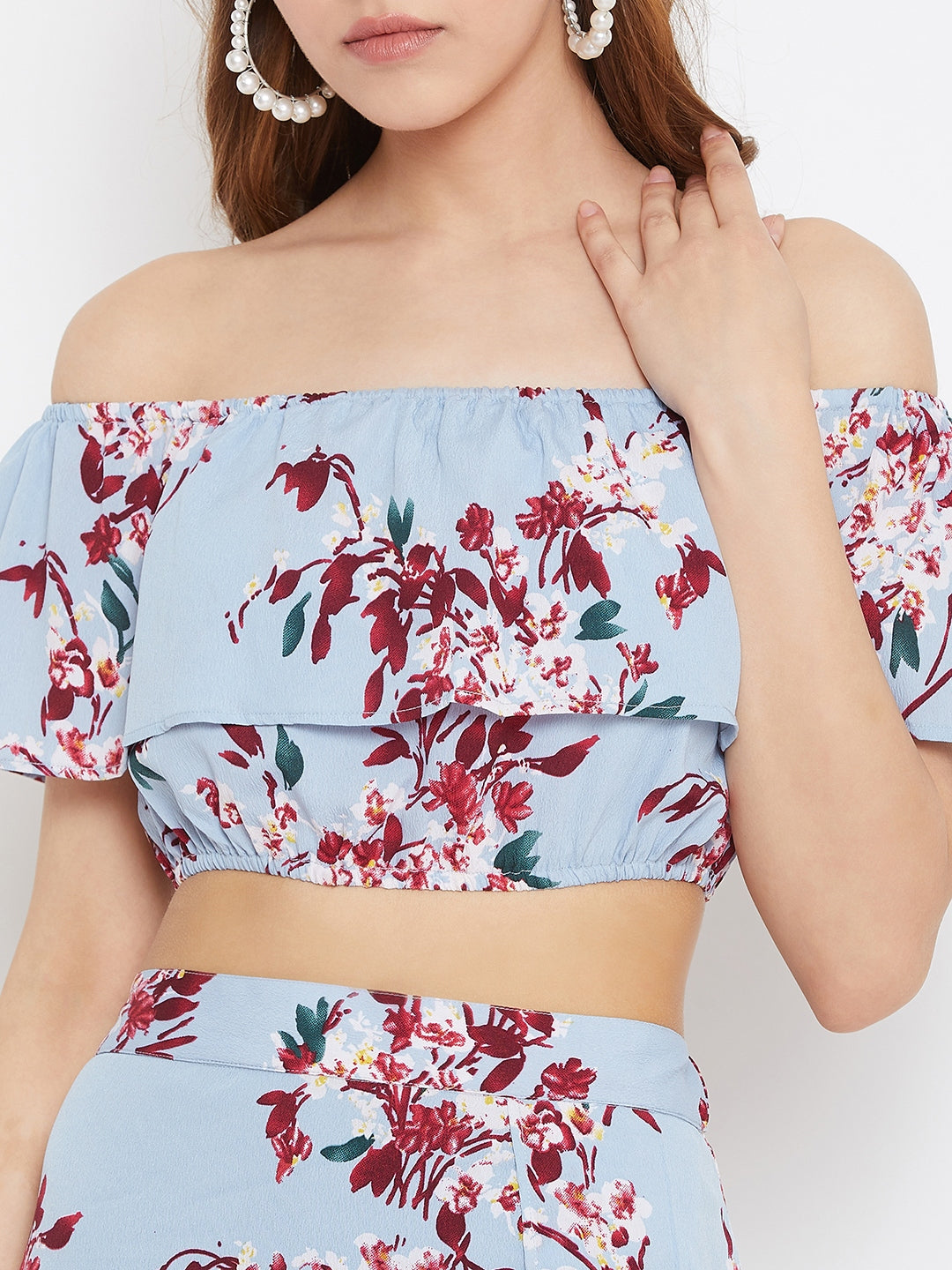 Berrylush Women Blue Floral Printed Off-Shoulder Thigh-High Slit Co-Or