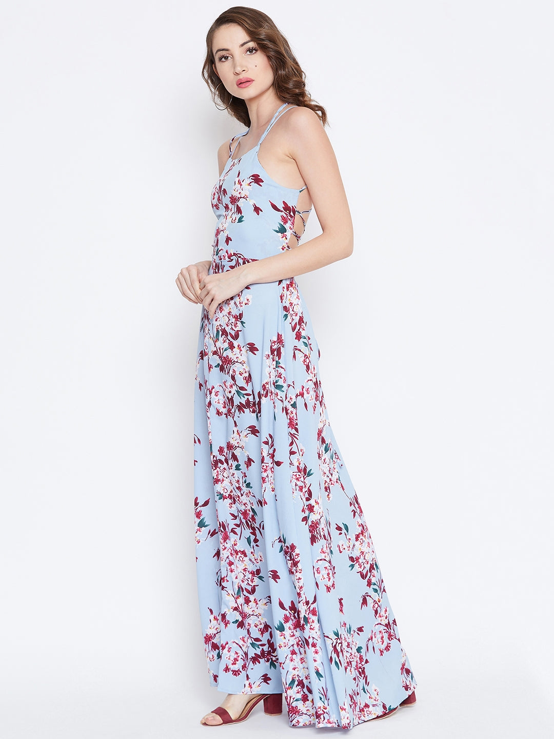 Berrylush Women Blue & Maroon Floral Print Caged Back Tie-up Maxi Dress