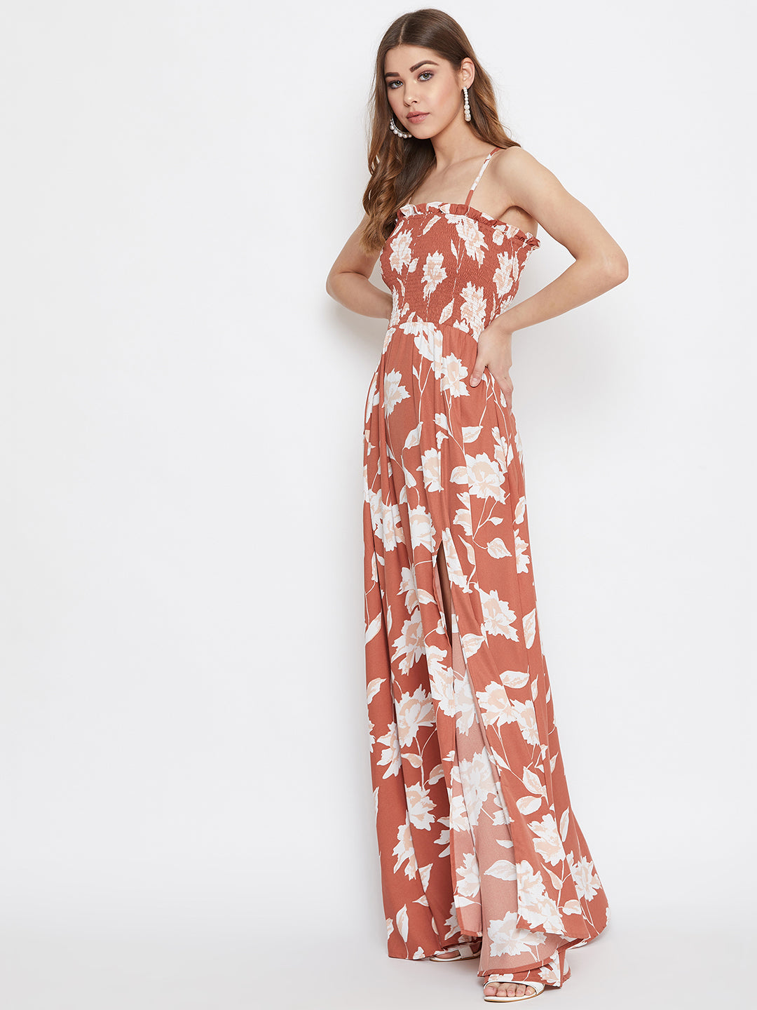 Berrylush Women Brown Floral Print Shoulder Strap Smocked Maxi Dress