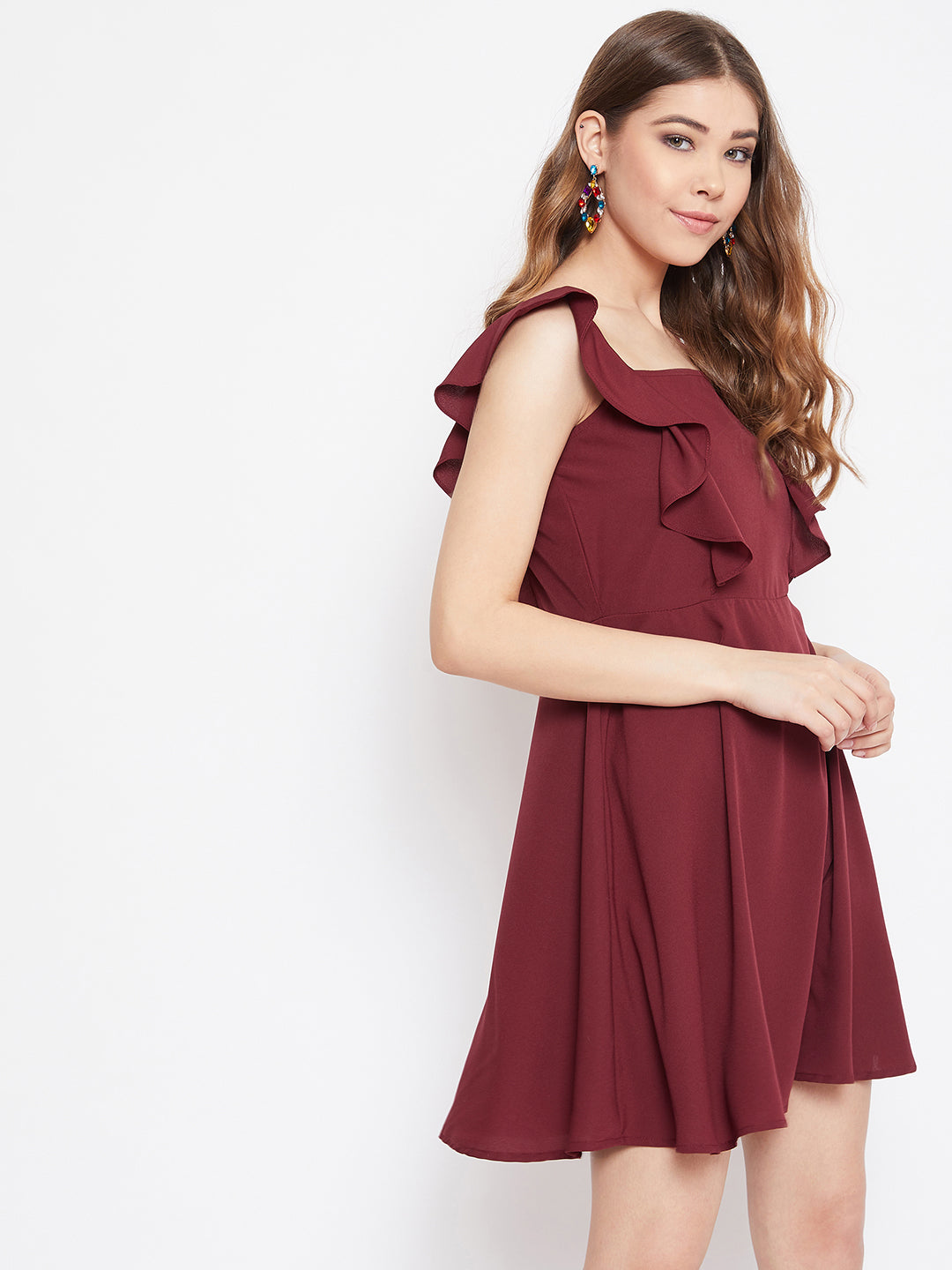 Berrylush Women Solid Maroon Sleeveless Ruffled Fit & Flare Mini Dress
