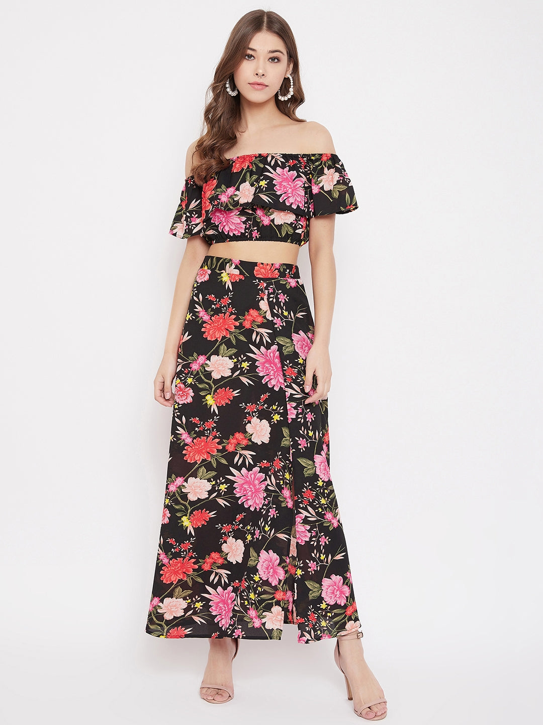 Berrylush Women Black Floral Print Off-Shoulder Co-Ord Dress Set