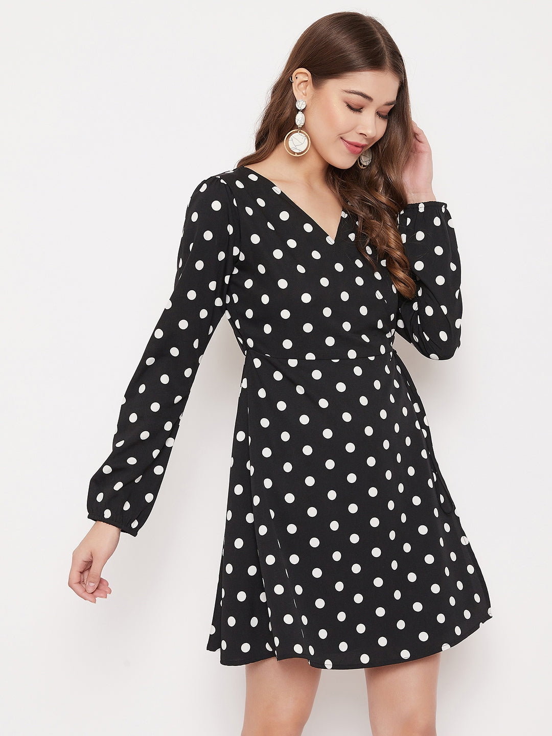 Berrylush Women Black & White Polka Dot Printed Wrap Mini Dress