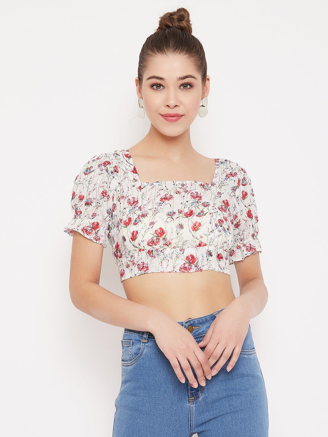 Berrylush Women White Floral Printed Backless Crop Top