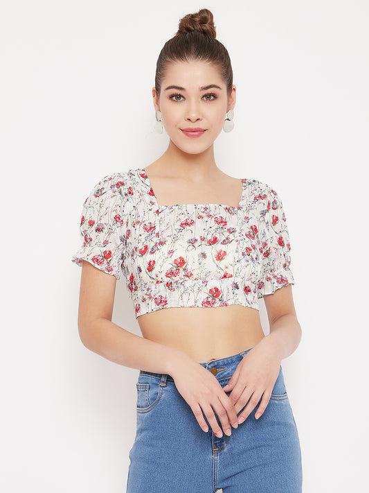 Berrylush Women White Floral Printed Backless Crop Top