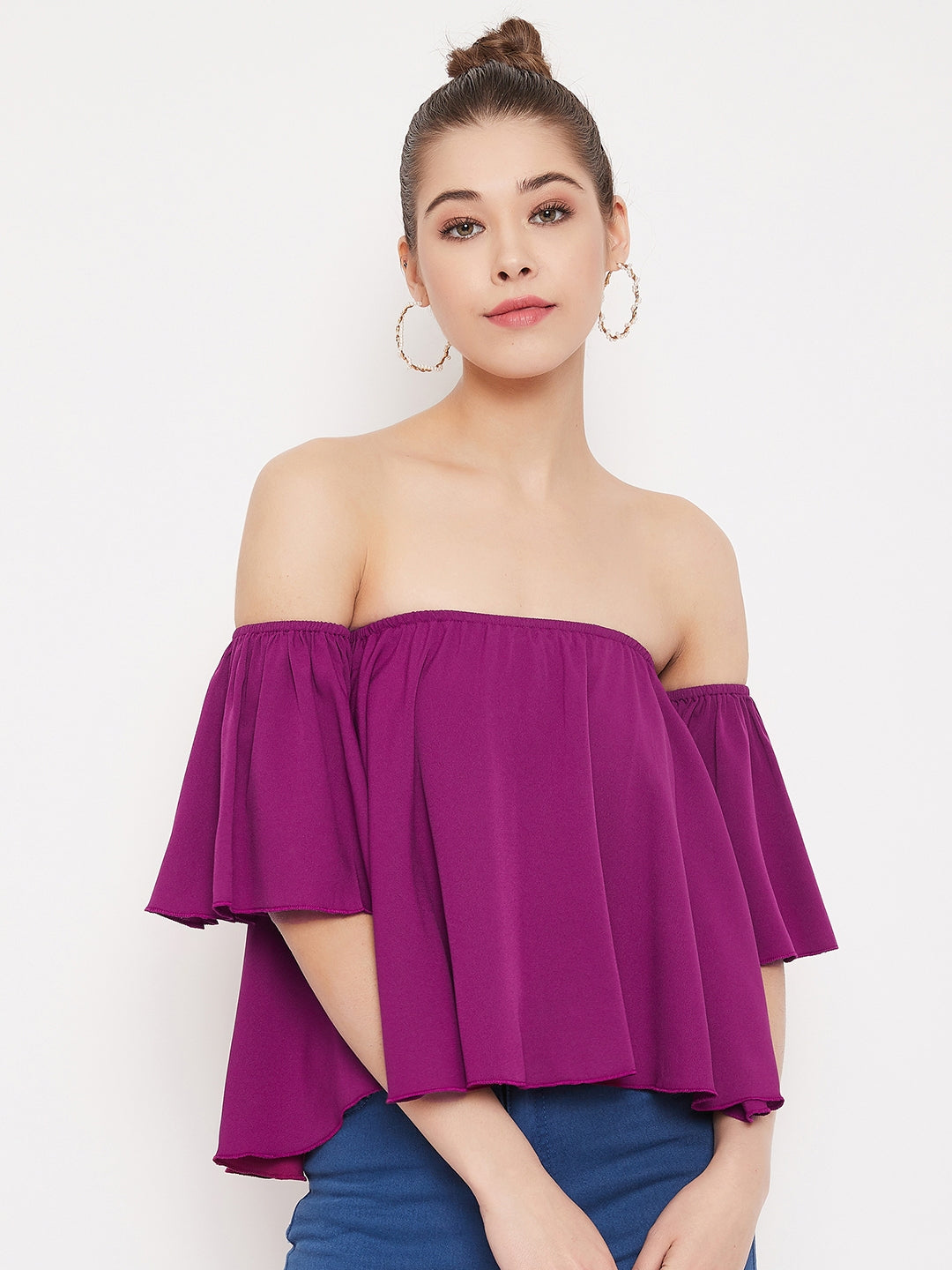 Berrylush Women Solid Purple Off Shoulder Strapless Bardot Top