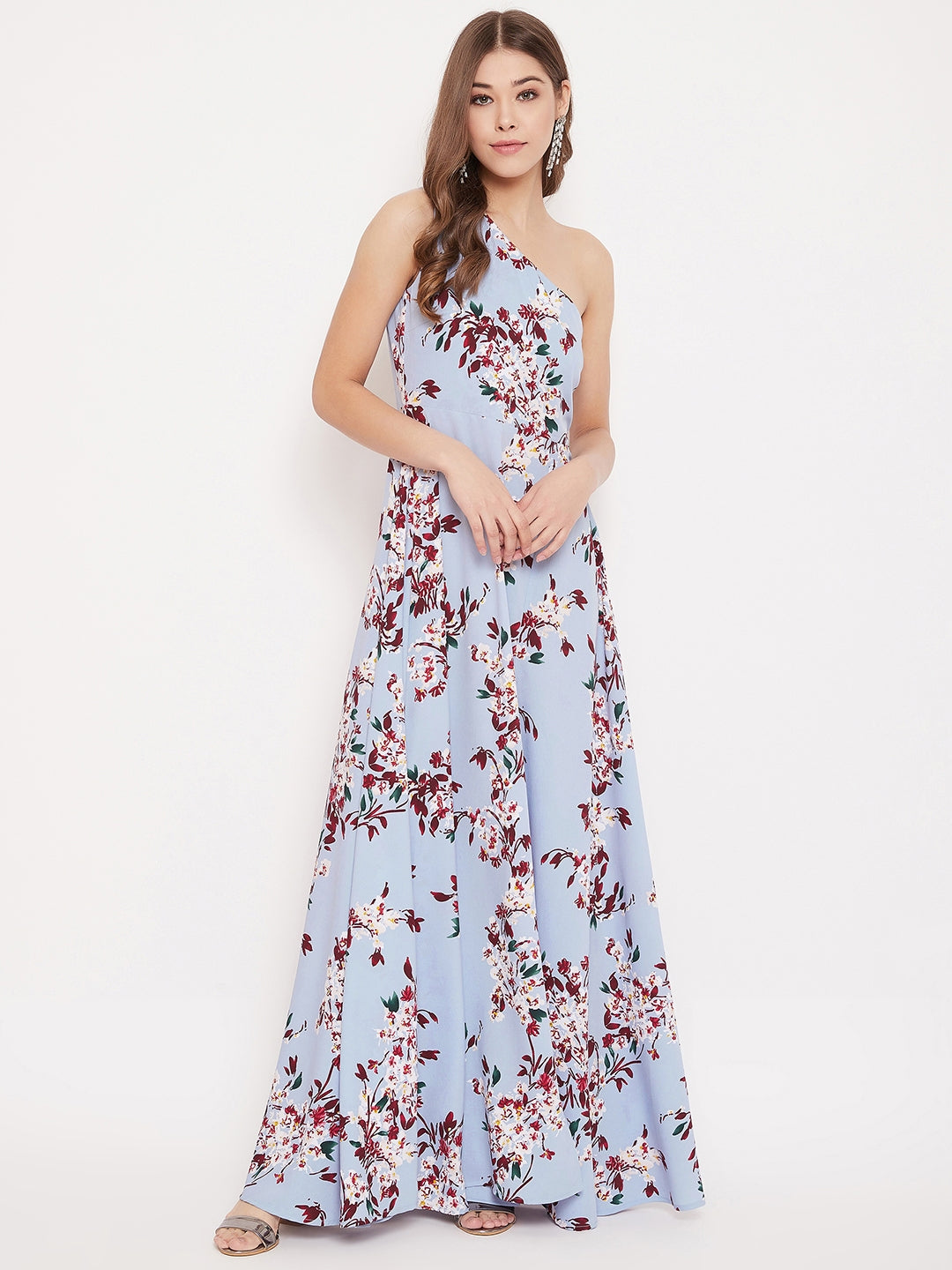 Berrylush Women Blue & Maroon Floral Printed One-Shoulder Neck Thigh-High Slit Flared Maxi Dress