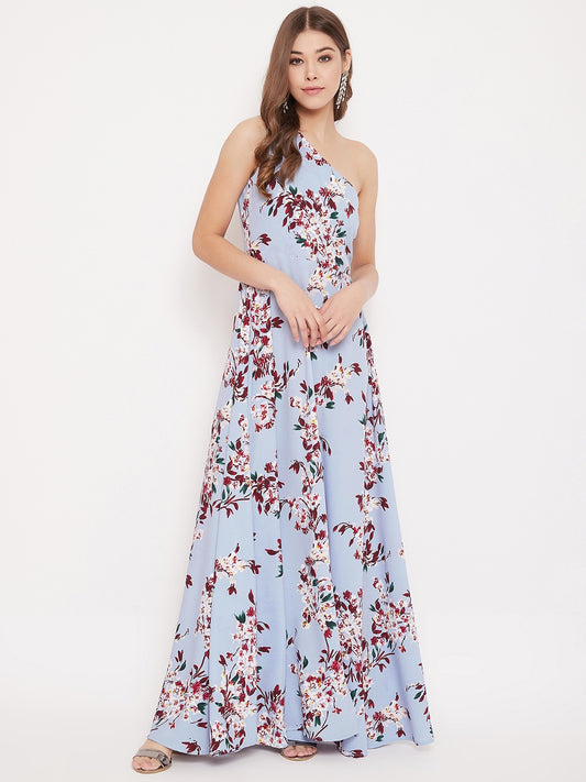 Berrylush Women Blue & Maroon Floral Printed One-Shoulder Neck Thigh-High Slit Flared Maxi Dress