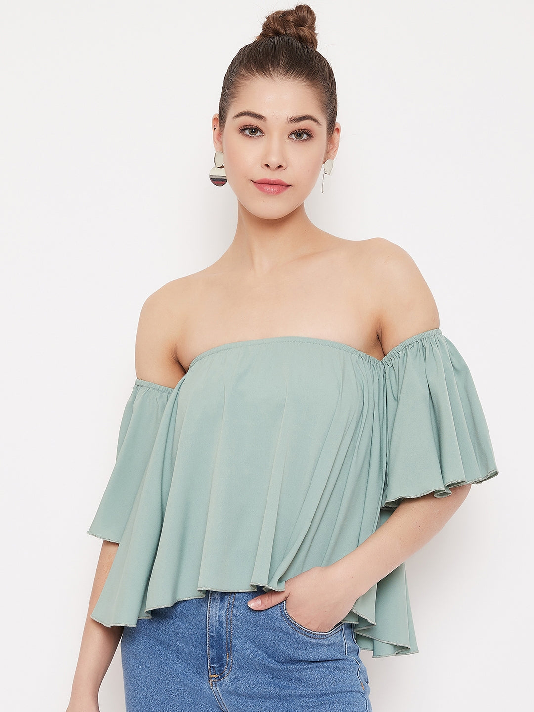Berrylush Women Solid Green Off Shoulder Strapless Bardot Top