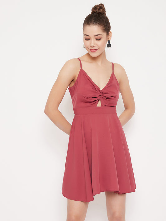 Berrylush Women Solid Light Pink Front Twist Knot Fit & Flare Mini Dress