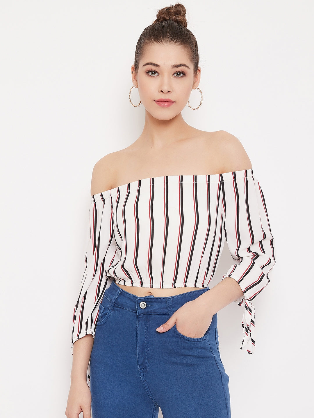 Berrylush Women White & Black Stripe Printed Off-Shoulder Neck Tie-Up Cropped Bardot Top