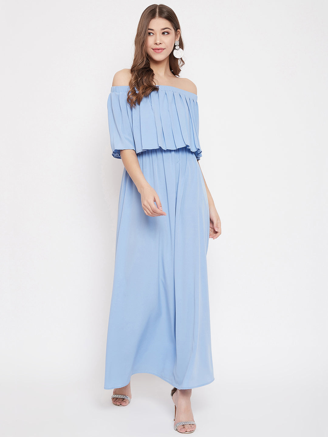 Berrylush Women Solid Blue Off-Shoulder Neck Three-Quarter Sleeve Pleated Maxi Dress