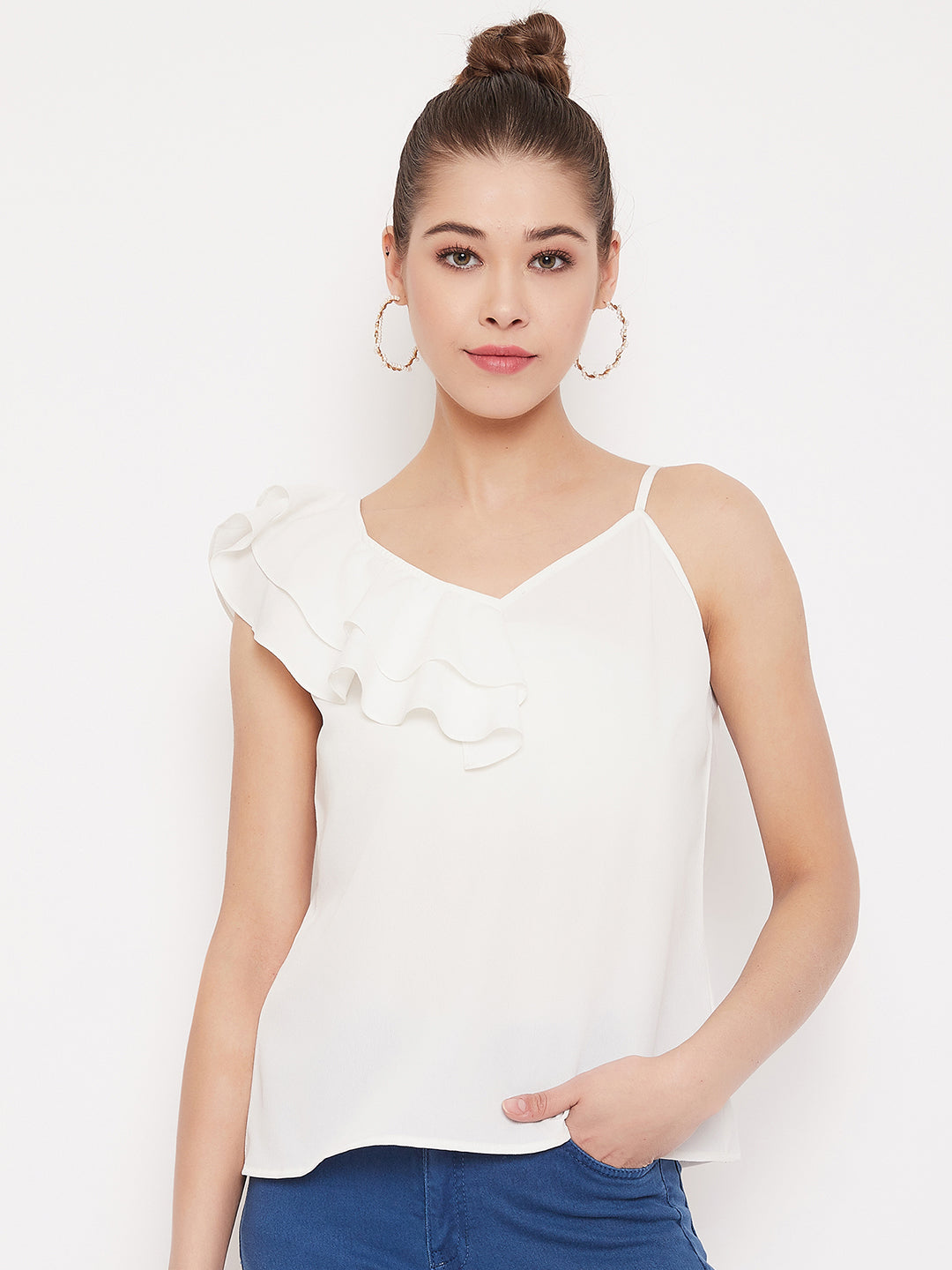 Berrylush Women Solid White Asymmetrical Ruffled Cami Top