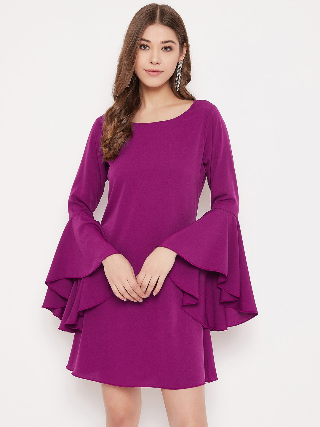 Berrylush Women Solid Purple Bell Sleeves A-Line Mini Dress