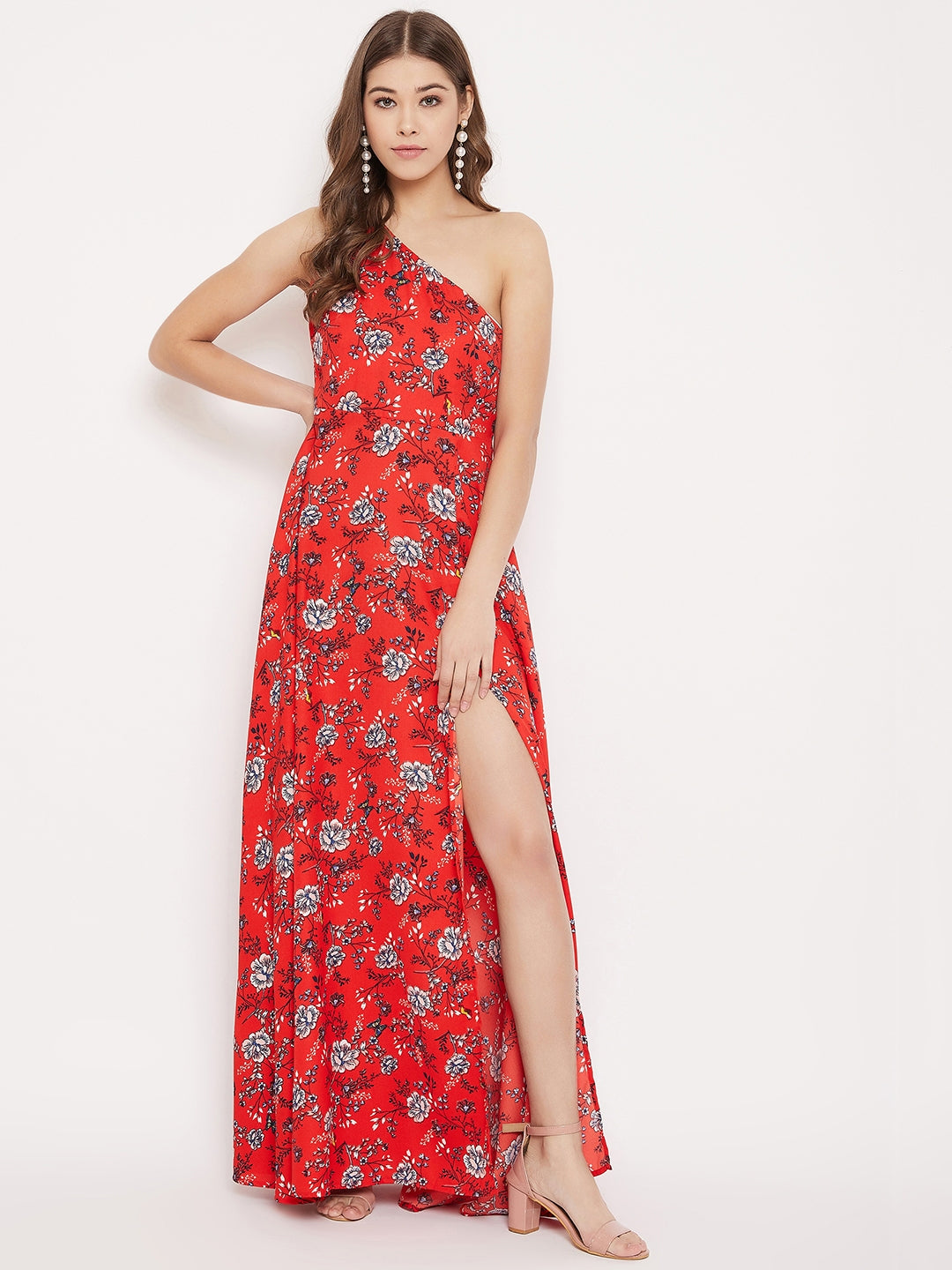Berrylush Women Red & White Floral Printed One-Shoulder Neck Thigh-High Slit Flared Maxi Dress