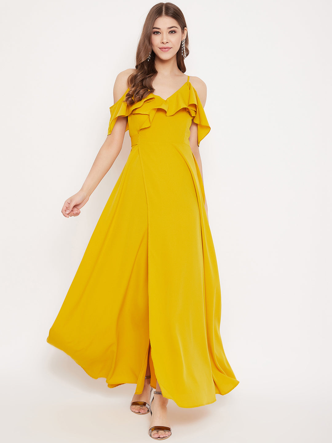 Berrylush Women Solid Yellow Cold Shoulder Ruffled Maxi Dress
