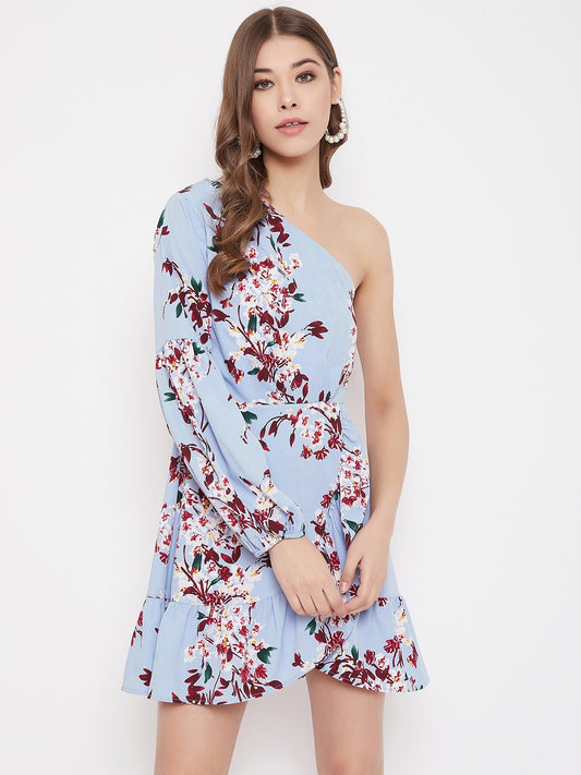 Berrylush Women Blue Floral Printed One Shoulder Mini Dress