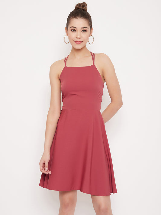 Berrylush Women Solid Light Pink Caged Back Fit & Flare Mini Dress