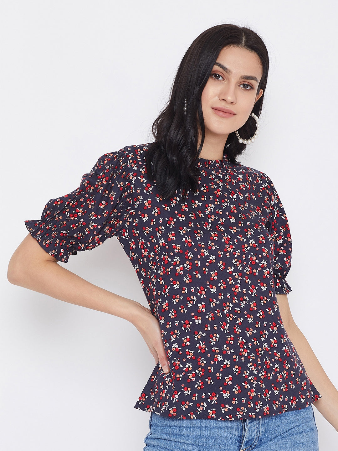 Berrylush Women Navy Blue Floral Printed Round Neck Top