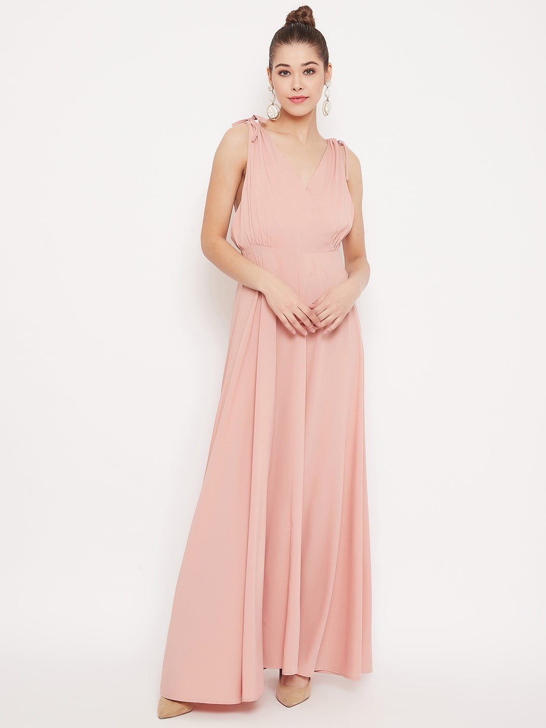 Berrylush Women Solid Pink V-Neck Tie-Up Strap Low Back Flared Maxi Dress