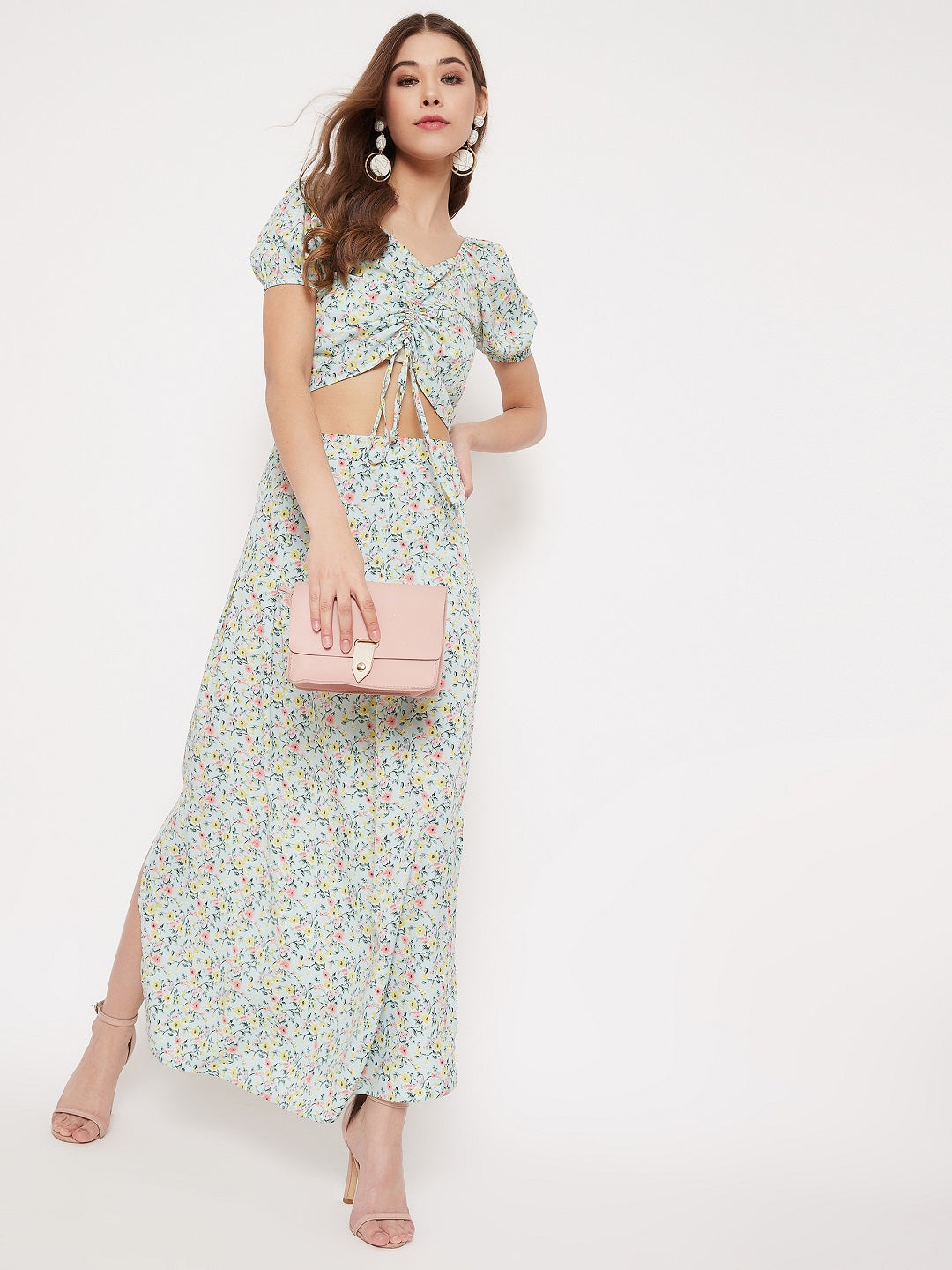 Berrylush Women Green Floral Printed Drawstring Blouse & Maxi Skirt