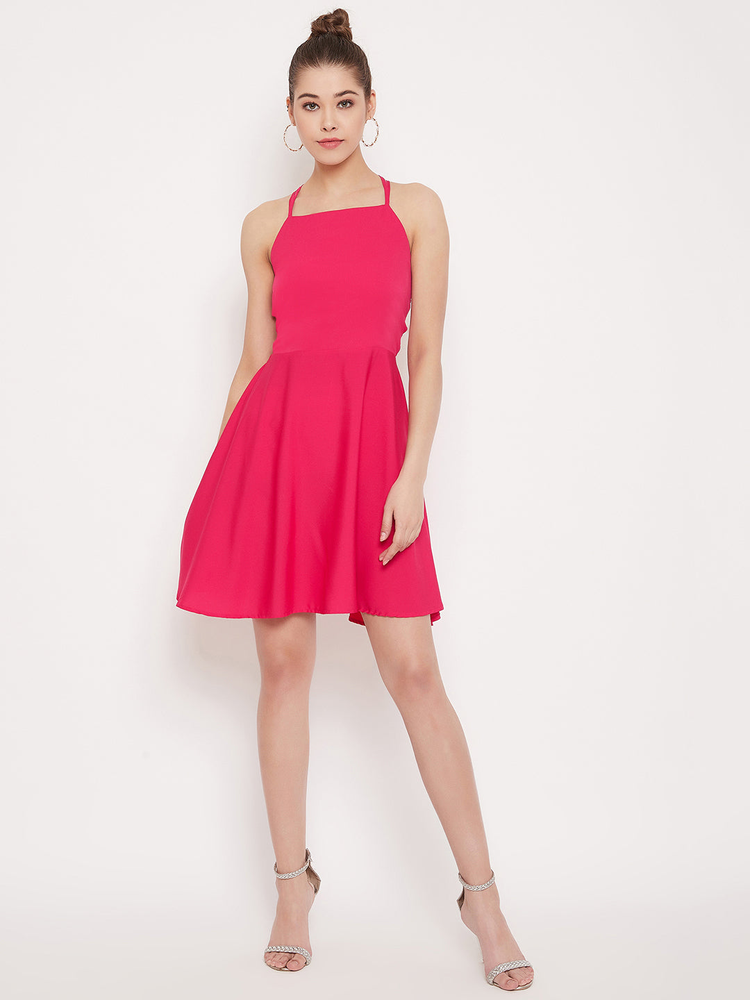 Berrylush Women Solid Fuschia Pink Caged Back Tie-up Fit & Flare Mini Dress