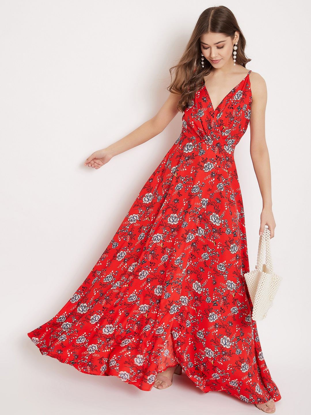 Berrylush Women Red & White Floral Printed V-Neck Thigh-High Slit Flared Maxi Dress