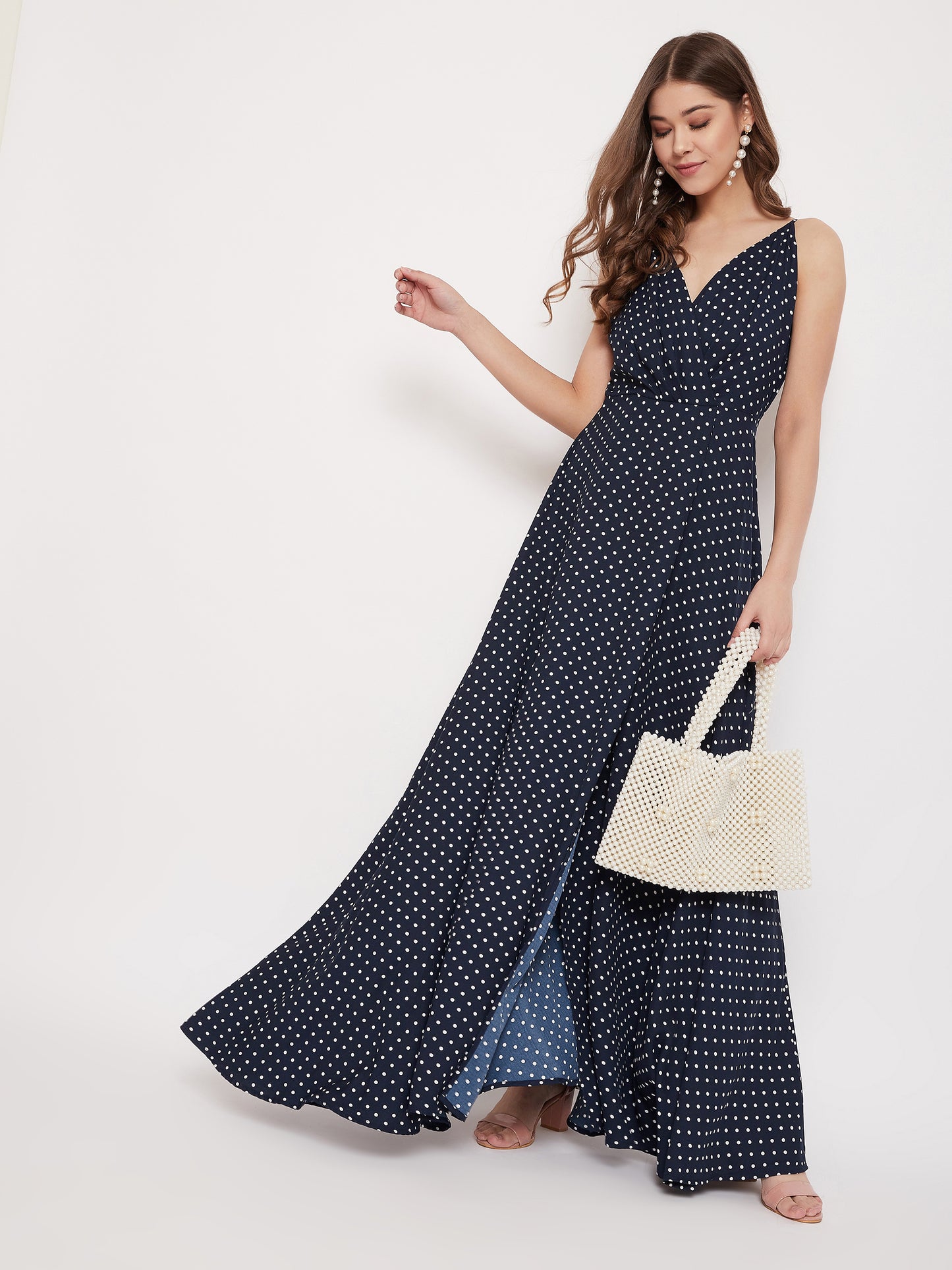 Berrylush Women Navy Blue & White Polka Dot Printed V-Neck Thigh-High Slit Flared Maxi Dress
