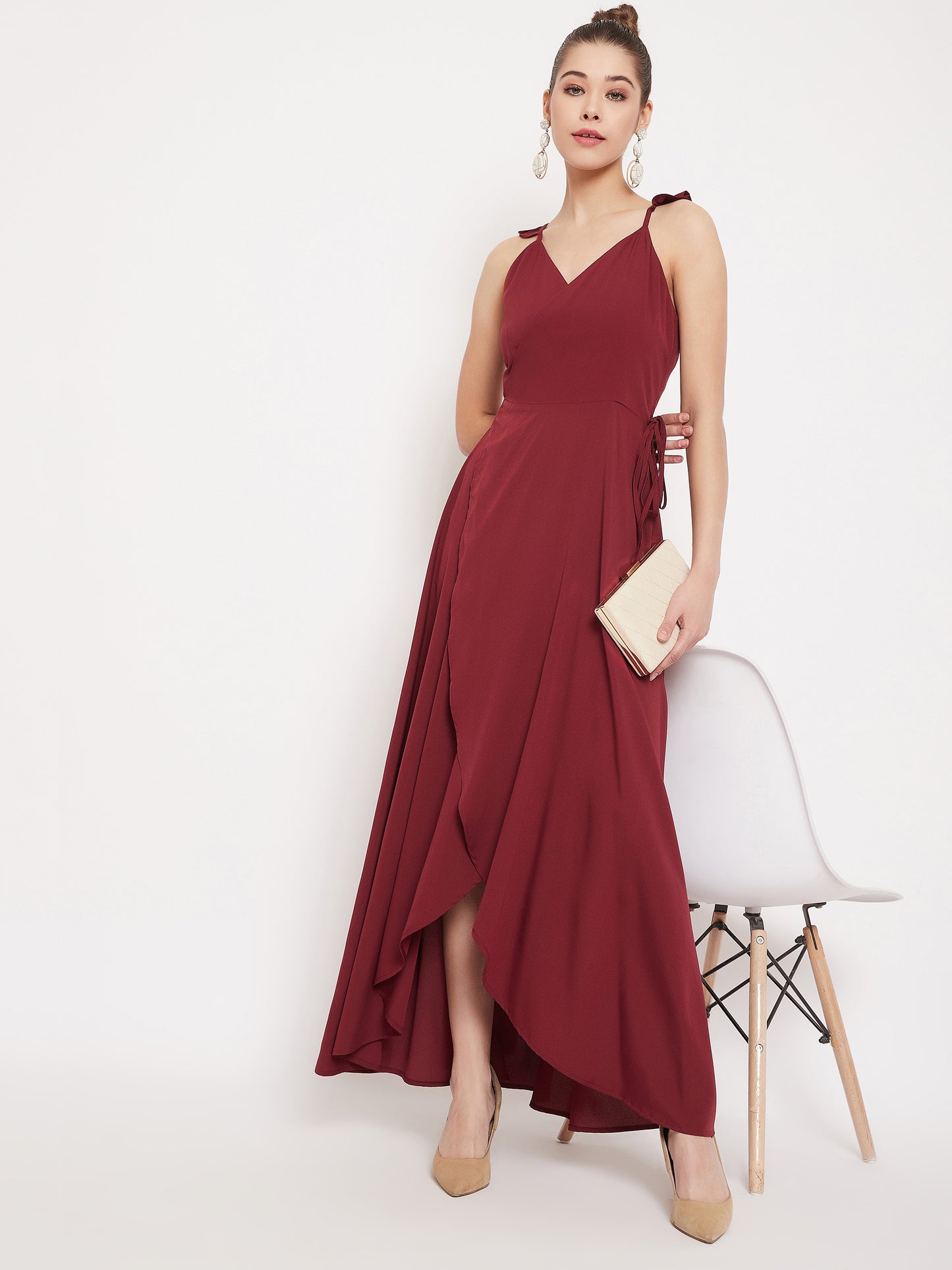 Berrylush Women Solid Maroon V-Neck Thigh-High Slit Tulip Hem Wrap Maxi Dress