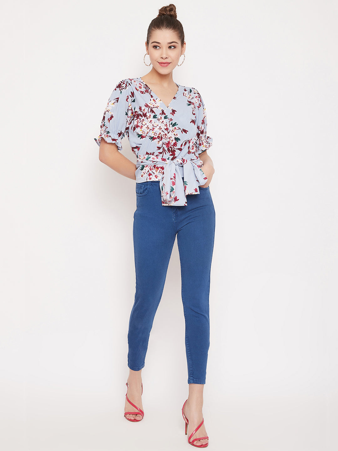 Berrylush Women Blue Floral Printed V-Neck Wrap Top