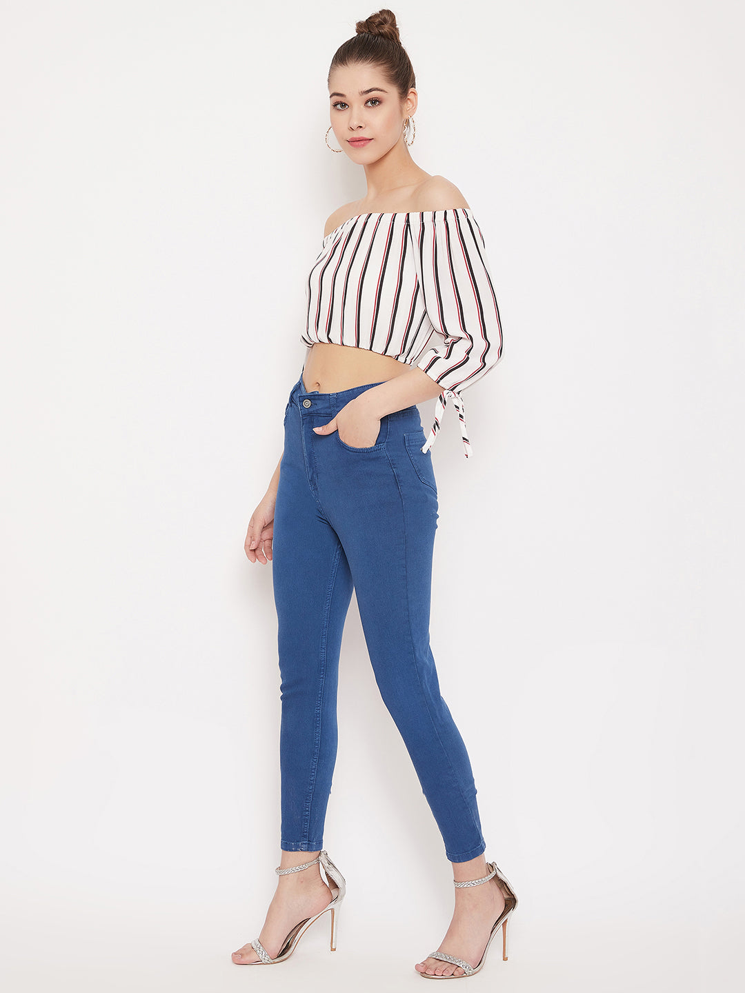 Berrylush Women White & Black Stripe Printed Off-Shoulder Neck Tie-Up Cropped Bardot Top