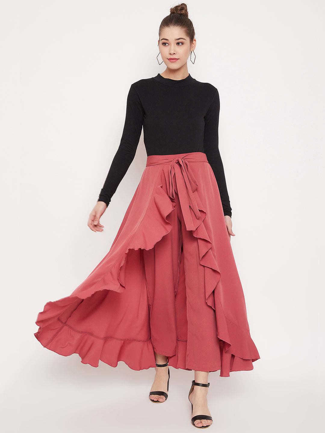 Berrylush Women Solid Pink Waist Tie-Up Ruffled Maxi Skirt With Attached Trousers