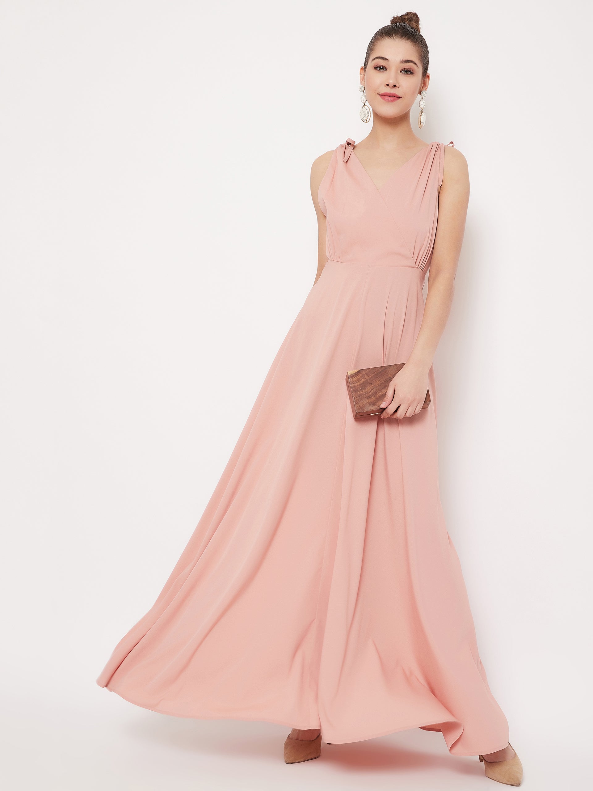 Berrylush Women Solid Pink V-Neck Tie-Up Strap Low Back Flared Maxi Dress