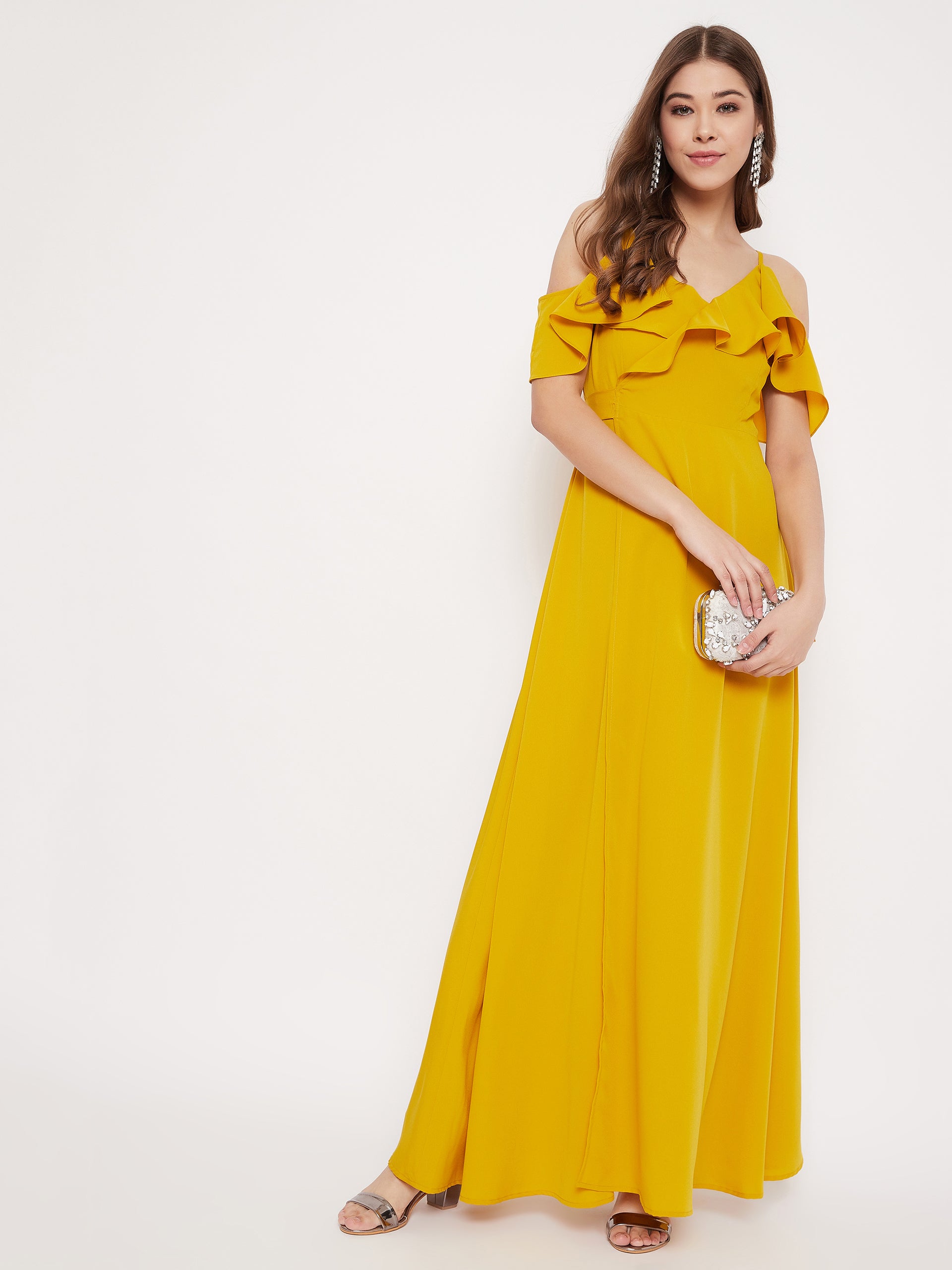 Berrylush Women Solid Yellow Cold Shoulder Ruffled Maxi Dress