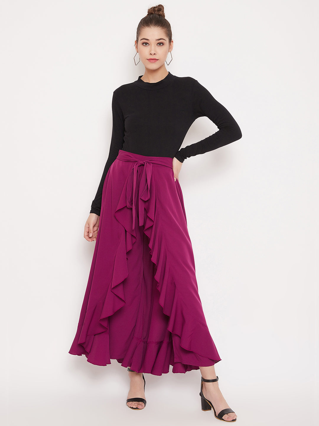 Berrylush Women Solid Purple Waist Tie-Up Ruffled Maxi Skirt With Attached Trousers