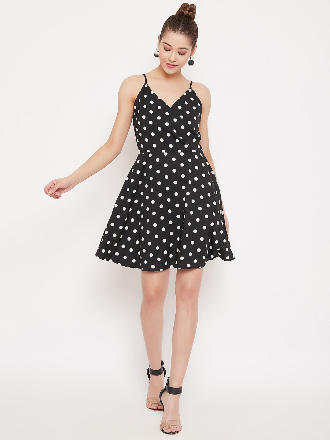 Berrylush Women Black & White Polka Dot Sleeveless Wrap Mini Dress