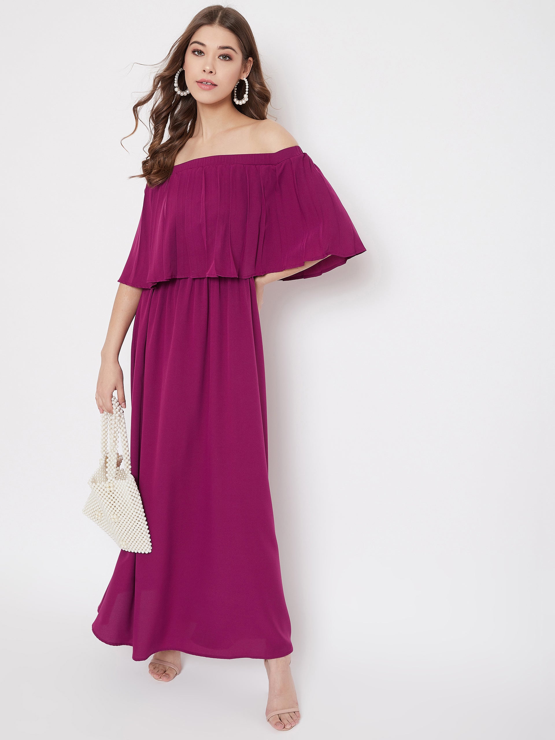 Berrylush Women Solid Purple Off-Shoulder Neck Three-Quarter Sleeve Crepe Flared Maxi Dress