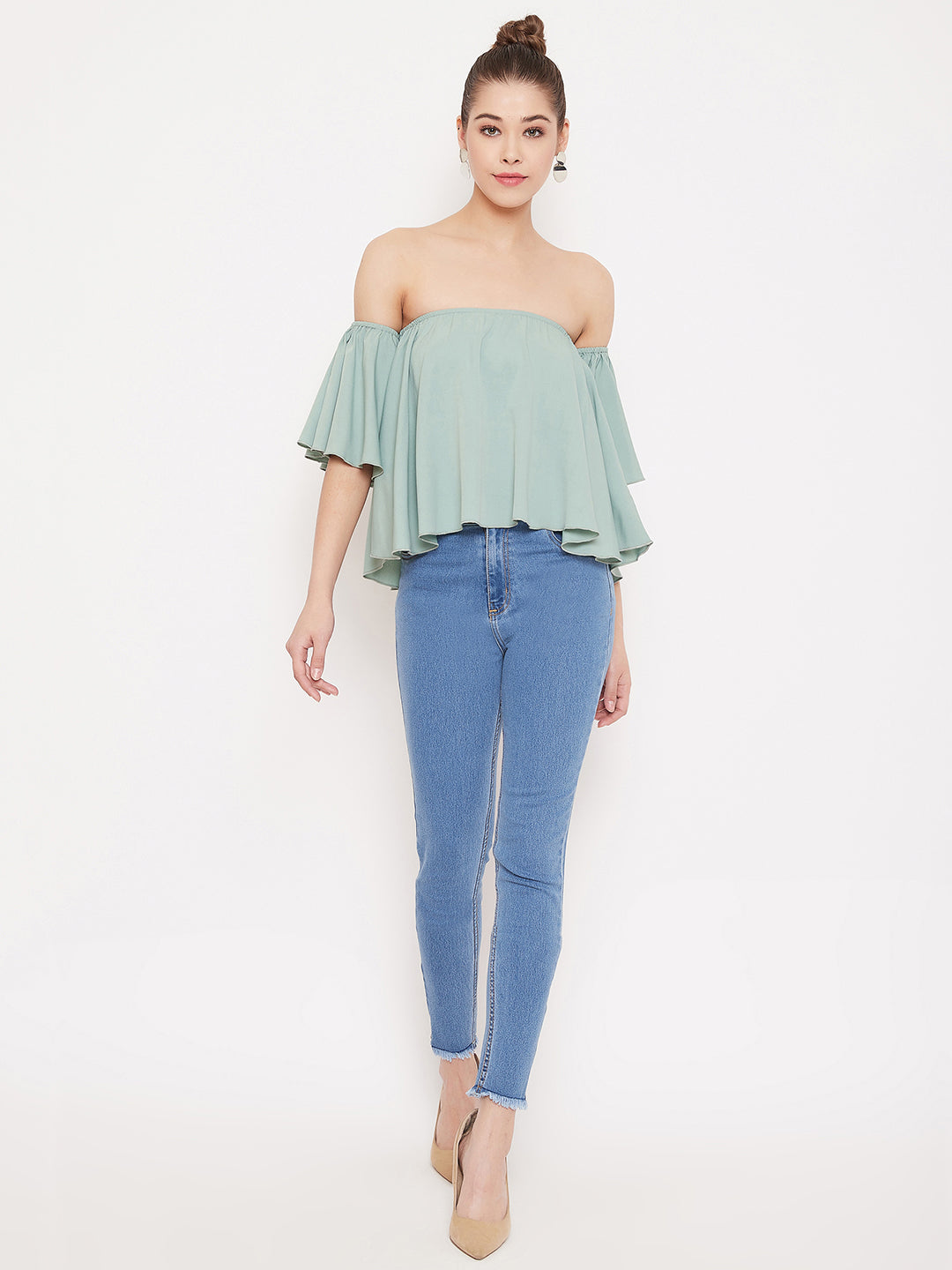 Berrylush Women Solid Green Off Shoulder Strapless Bardot Top