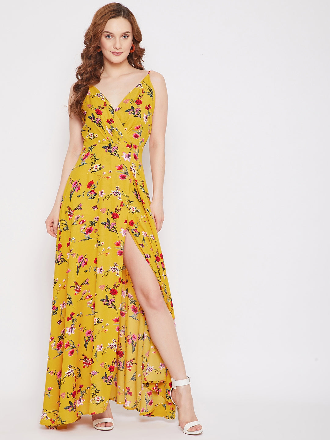 Berrylush Women Yellow & Red Floral Printed V-Neck Thigh-High Slit Fla Berrylush Women Yellow & Red Floral Printed V-Neck Thigh-High Slit Fla