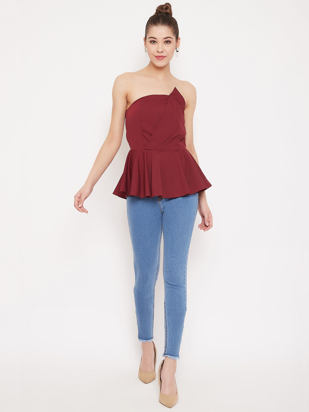 Berrylush Women Solid Maroon Strapless Neck Sleeveless Crepe Peplum Top