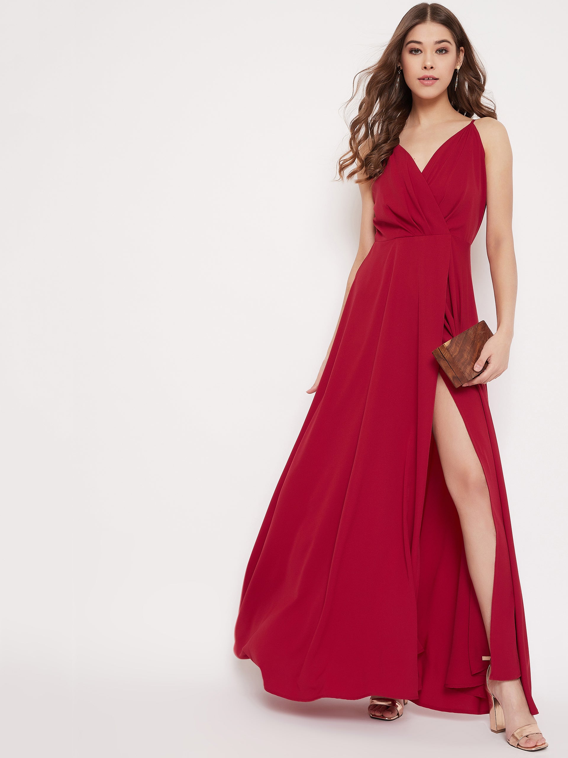 Berrylush Women Solid Red V-Neck Flared Maxi Dress