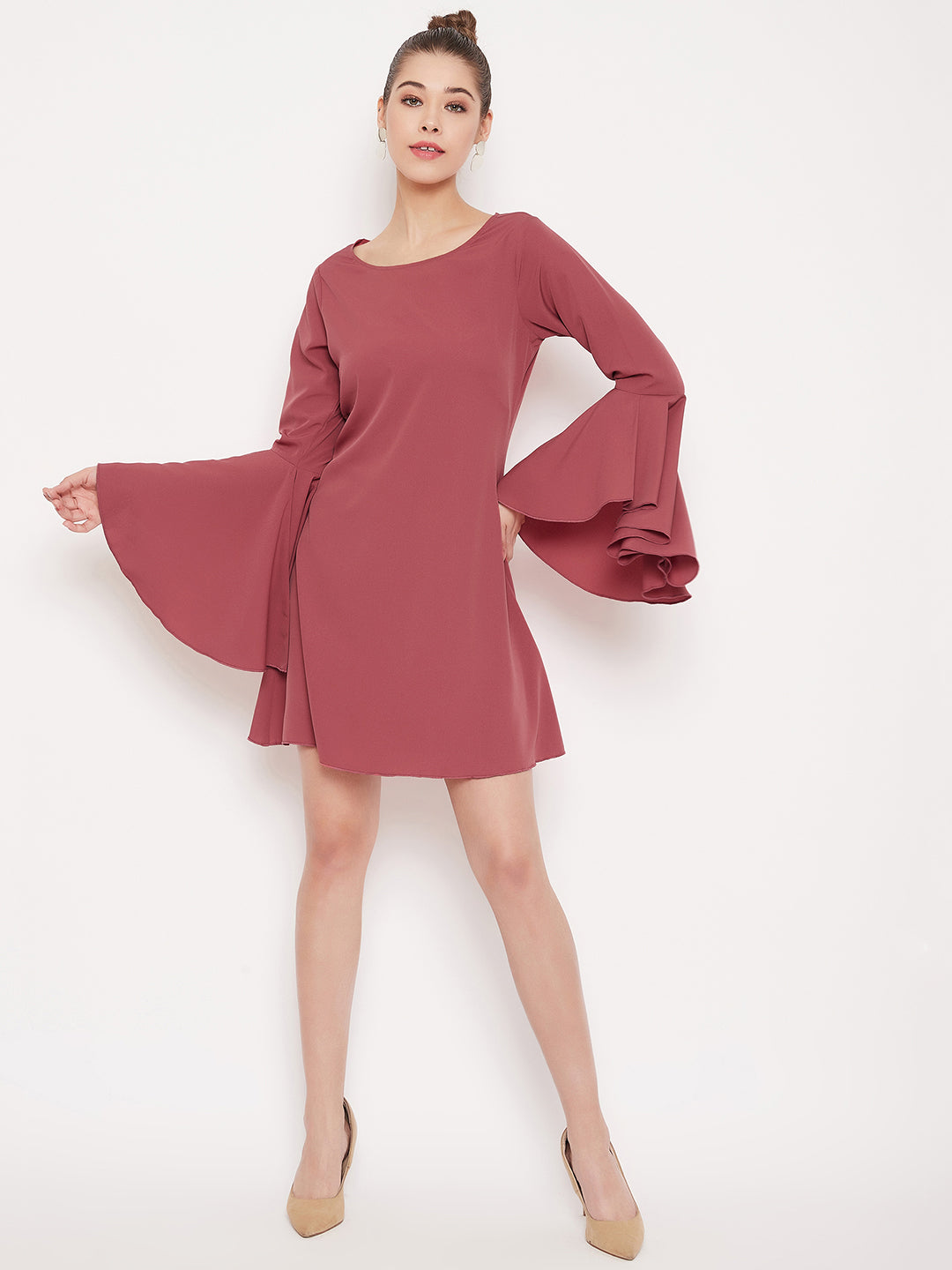Berrylush Pink Solid Flared Sleeves Dress