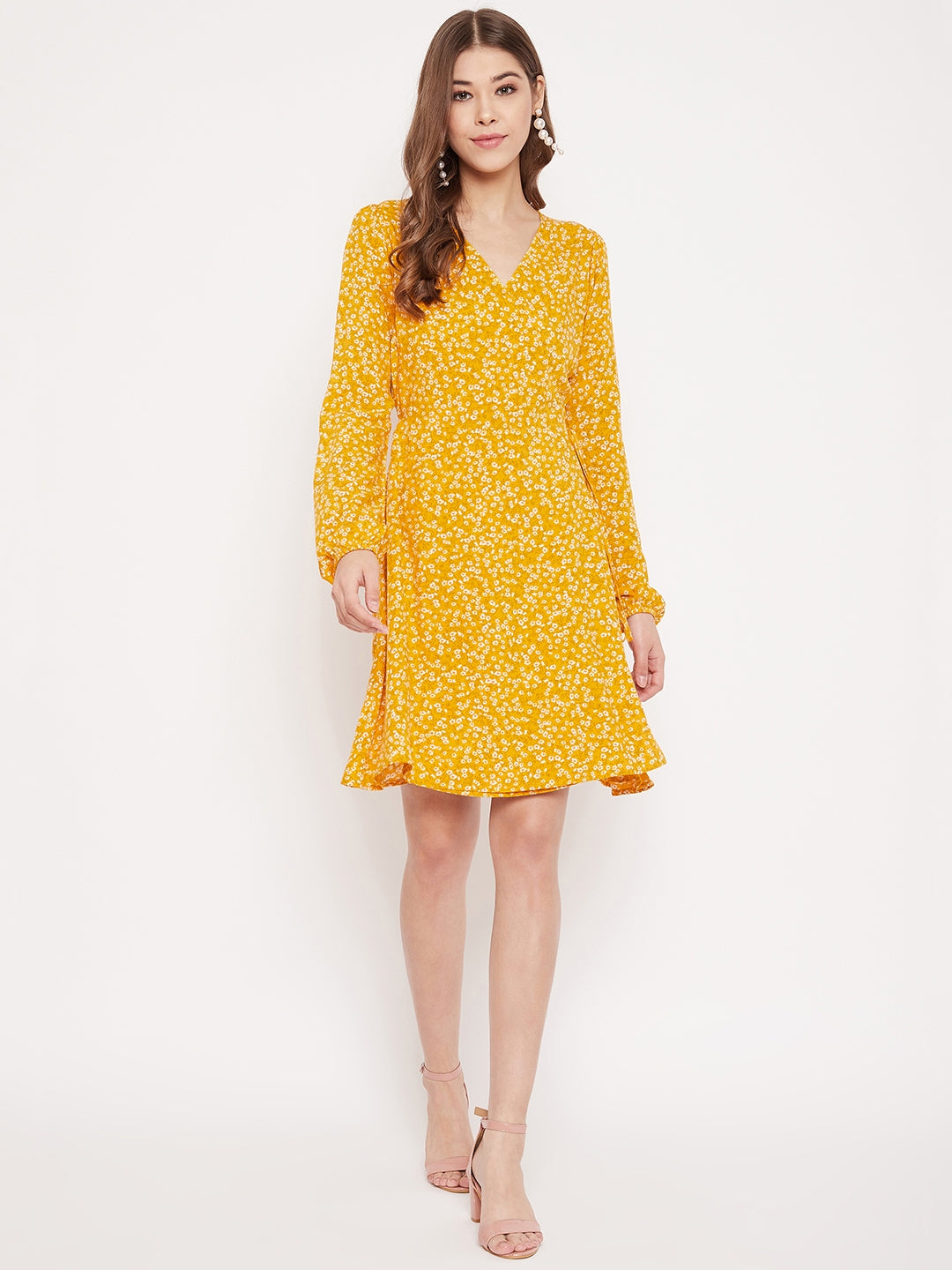 Berrylush Women Yellow & White Floral Printed Wrap Mini Dress