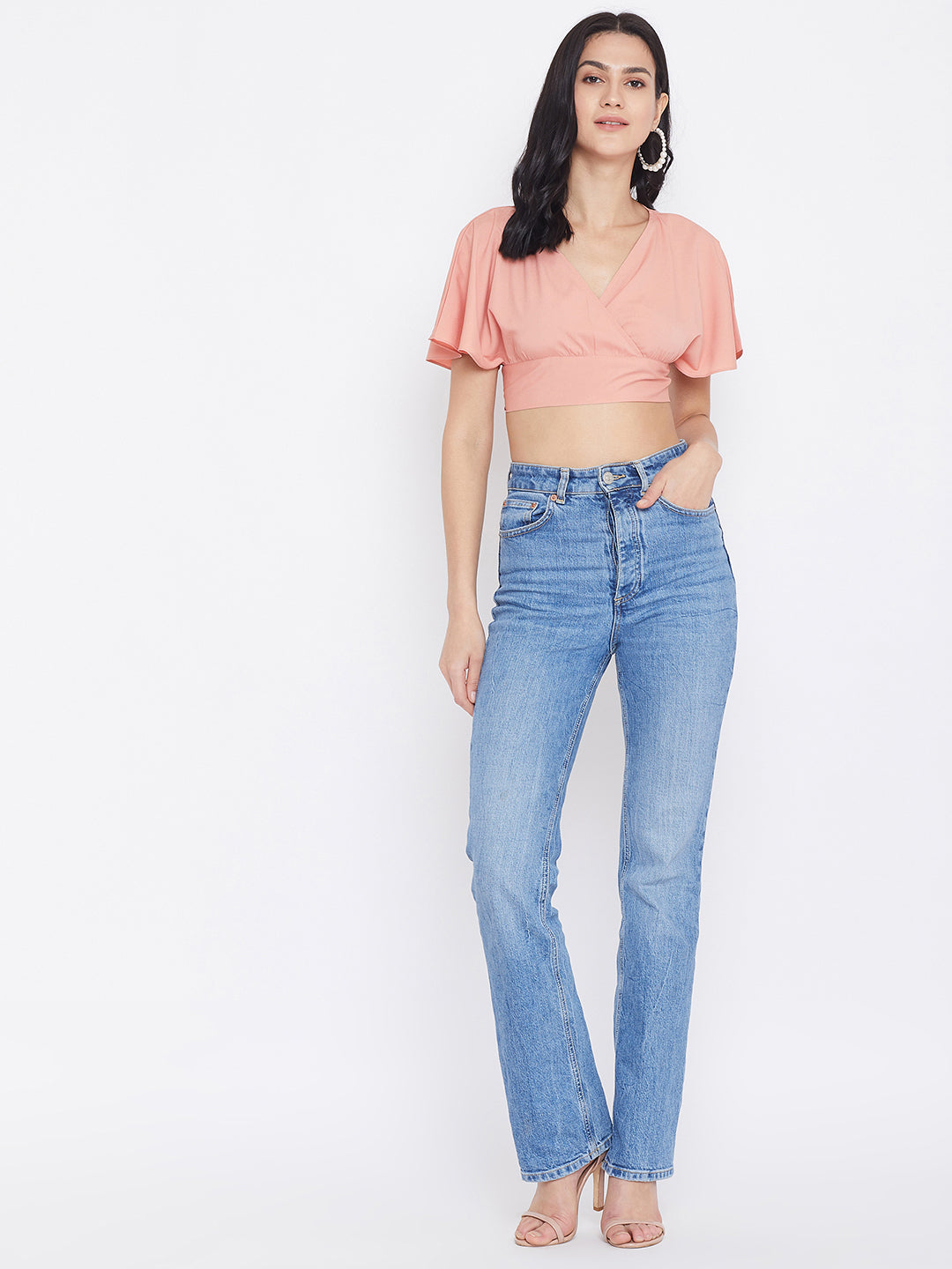 Berrylush Women Solid Pink V-Neck Cropped Wrap Top