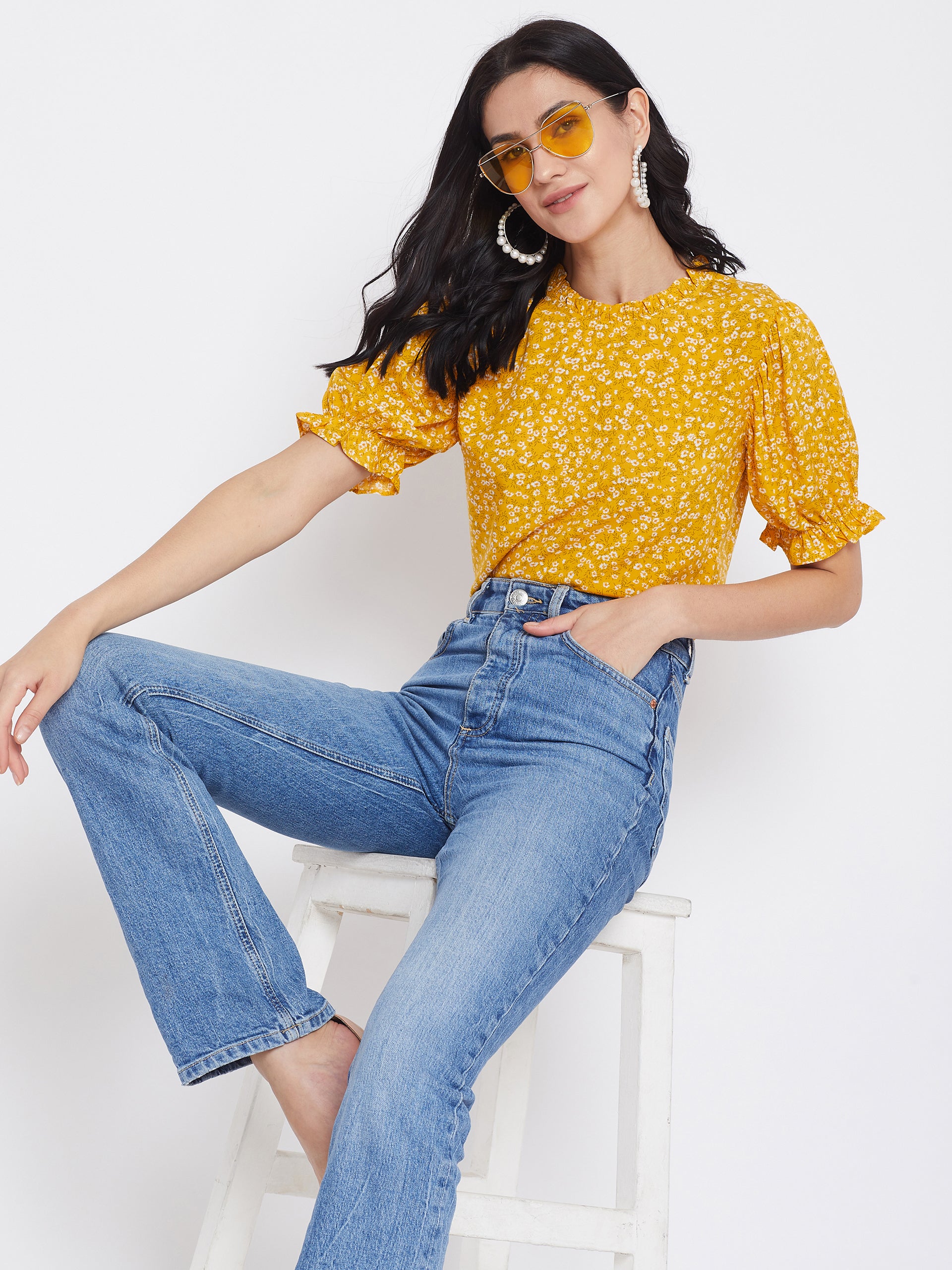 Wholesale Yellow Floral Puff Sleeve Crop Top – Tradyl