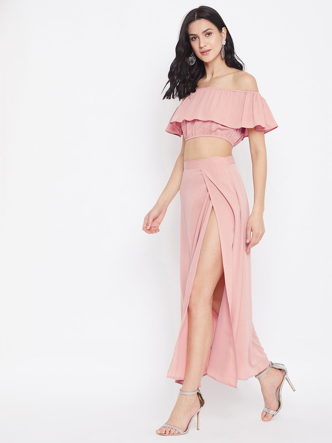 Berrylush Women Solid Pink Off-Shoulder Co-Ord Maxi Dress