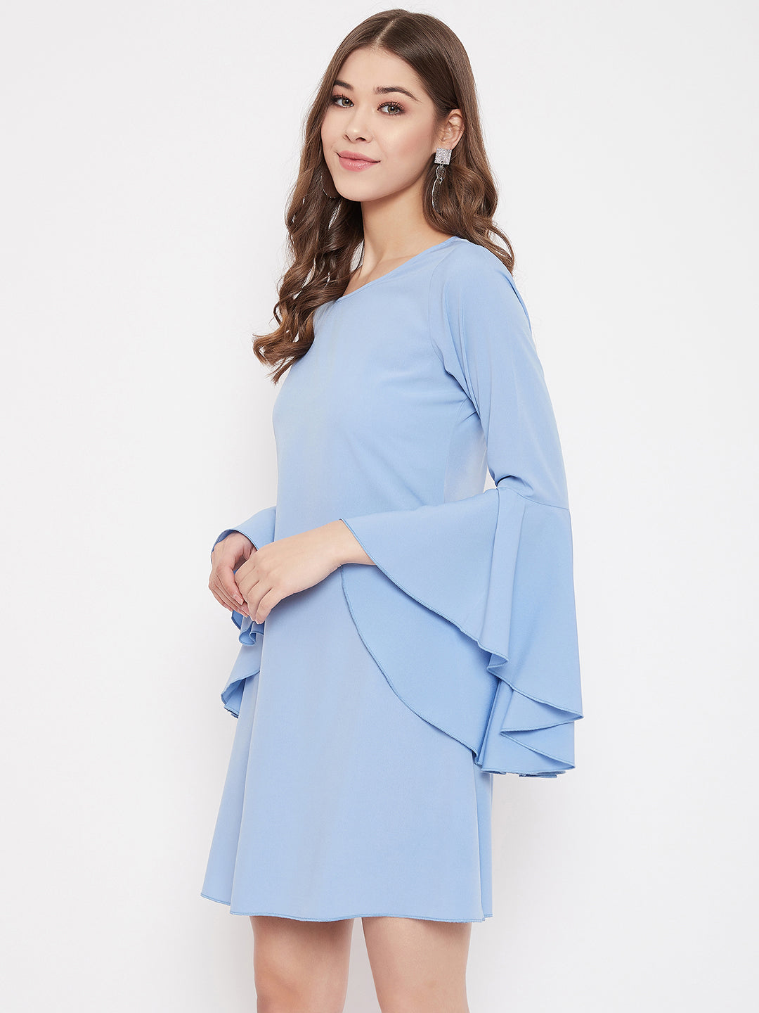 Berrylush Women Solid Blue Round Neck Bell Sleeve A-Line Mini Dress