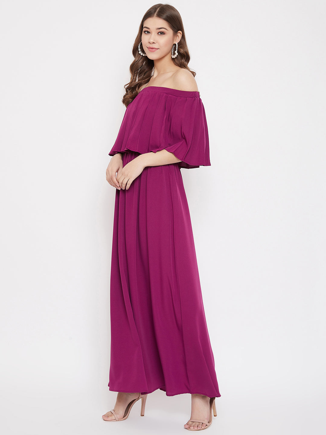Berrylush Women Solid Purple Off-Shoulder Neck Three-Quarter Sleeve Crepe Flared Maxi Dress