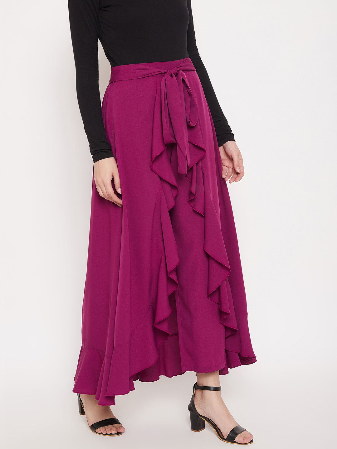 Berrylush Women Solid Purple Waist Tie-Up Ruffled Maxi Skirt With Attached Trousers