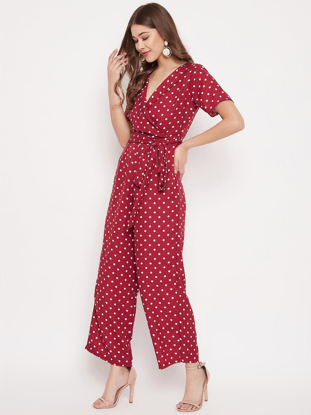 Berrylush Women Red White Polka Dot Printed Jumpsuit