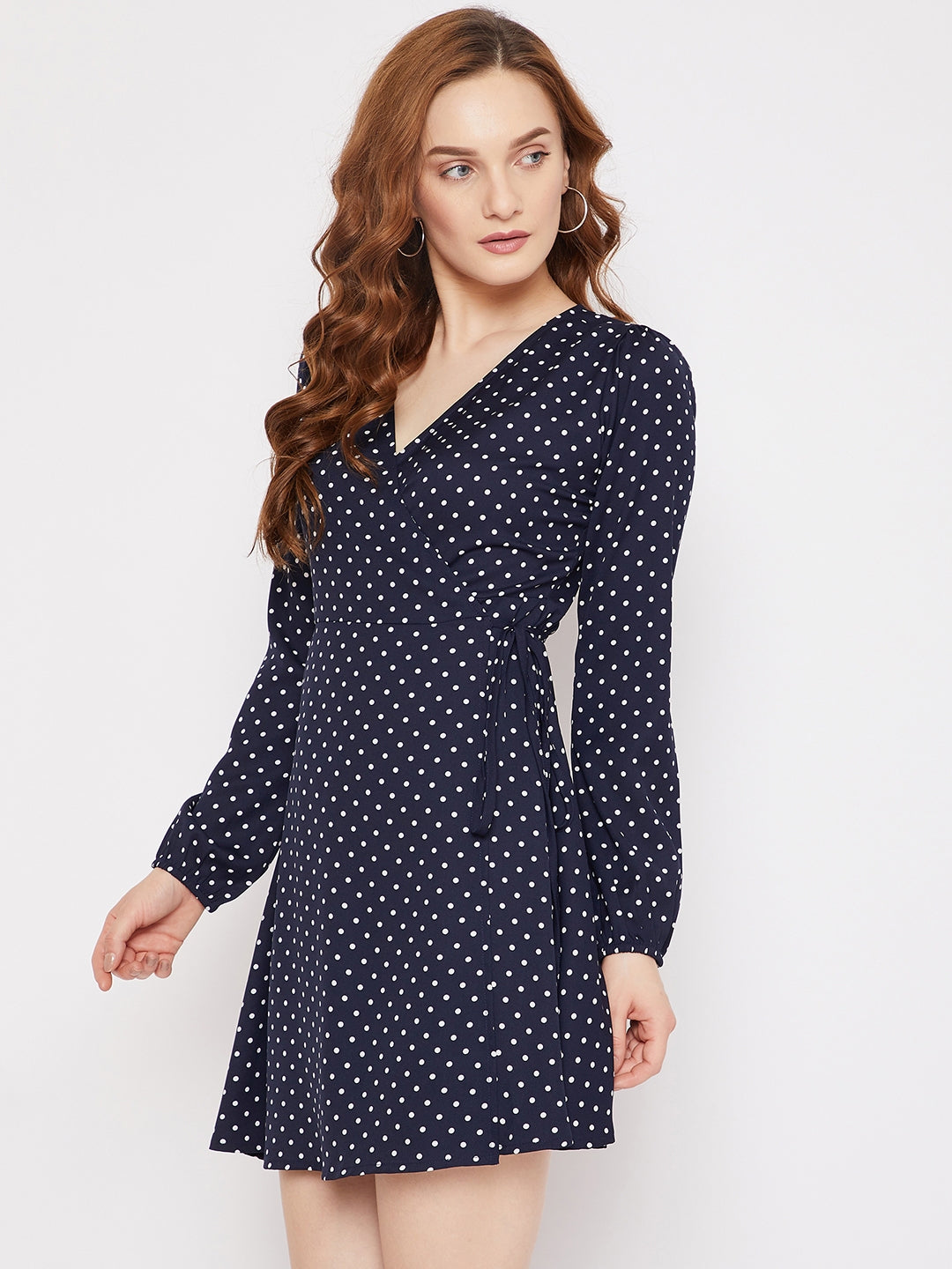 Berrylush Women Navy Blue Polka Dot Printed V-Neck Waist Tie-Up Fit
